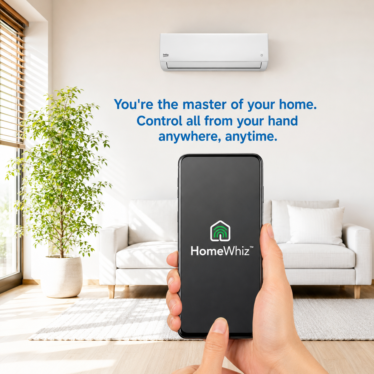 Una de las grandes ventajas del Aire Acondicionado BEKO BEHPG 90/91 es su conectividad WiFi mediante HomeWhiz Connection. Esta función permite controlar el equipo desde el smartphone de forma cómoda, rápida e intuitiva.